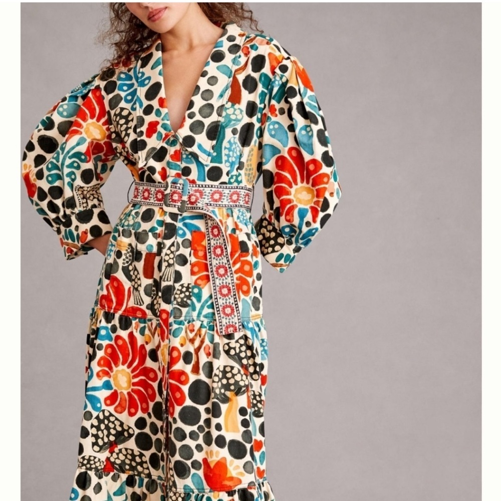Farm Rio Trench Dress Mushroom Forest Anthropologie Canvas Overcoat Size M - Picture 3 of 4